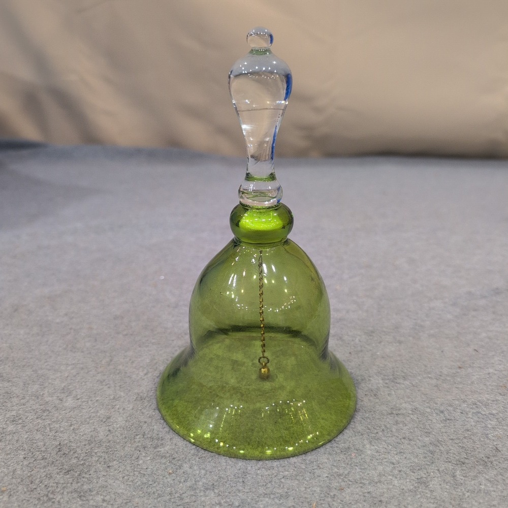 Vintage Pilgrim Glass Handblown Bell‎ Avocado Green Clear Handle 1968-1979